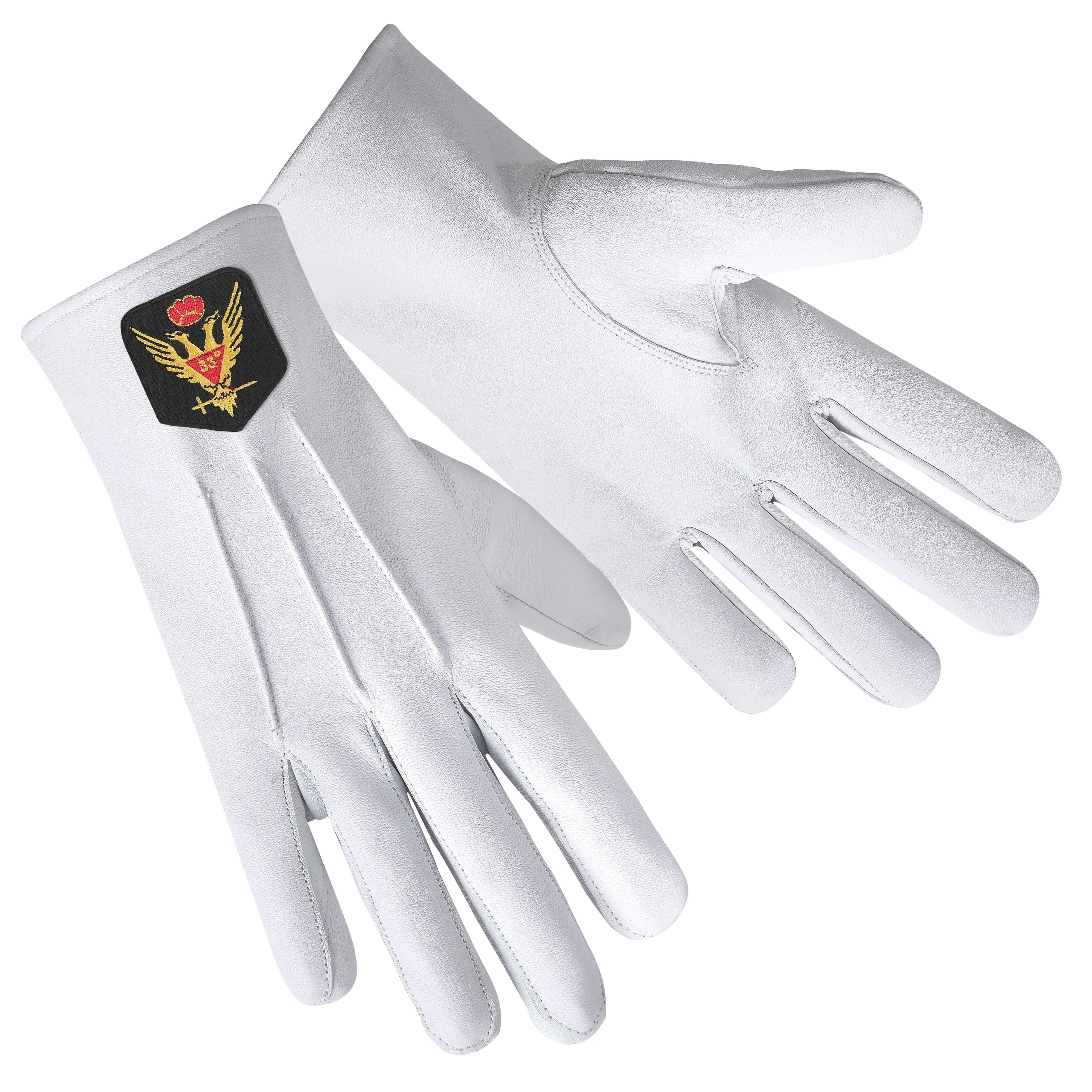 33rd Degree Scottish Rite Gloves - White Leather With Gold Emblem