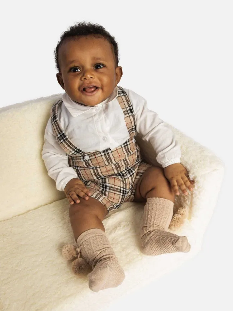 Baby Boy Luxury Tartan Romper with white shirt - Beige