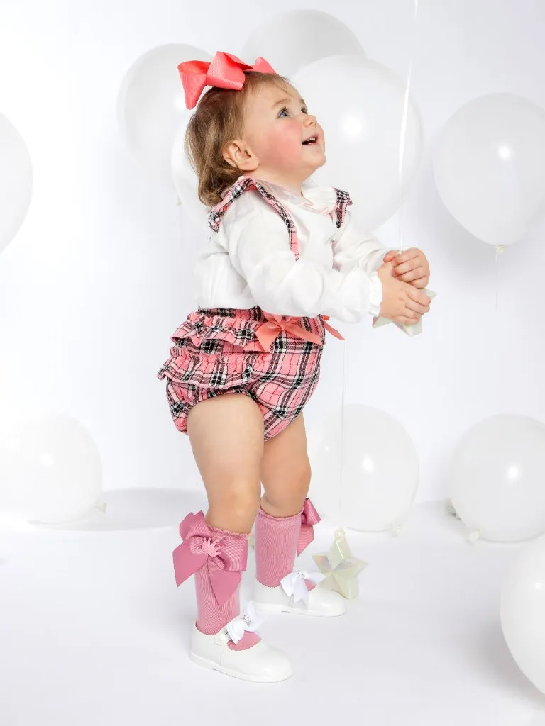 Baby Girl Spanish Bow & Frills Tartan Romper-Coral Pink