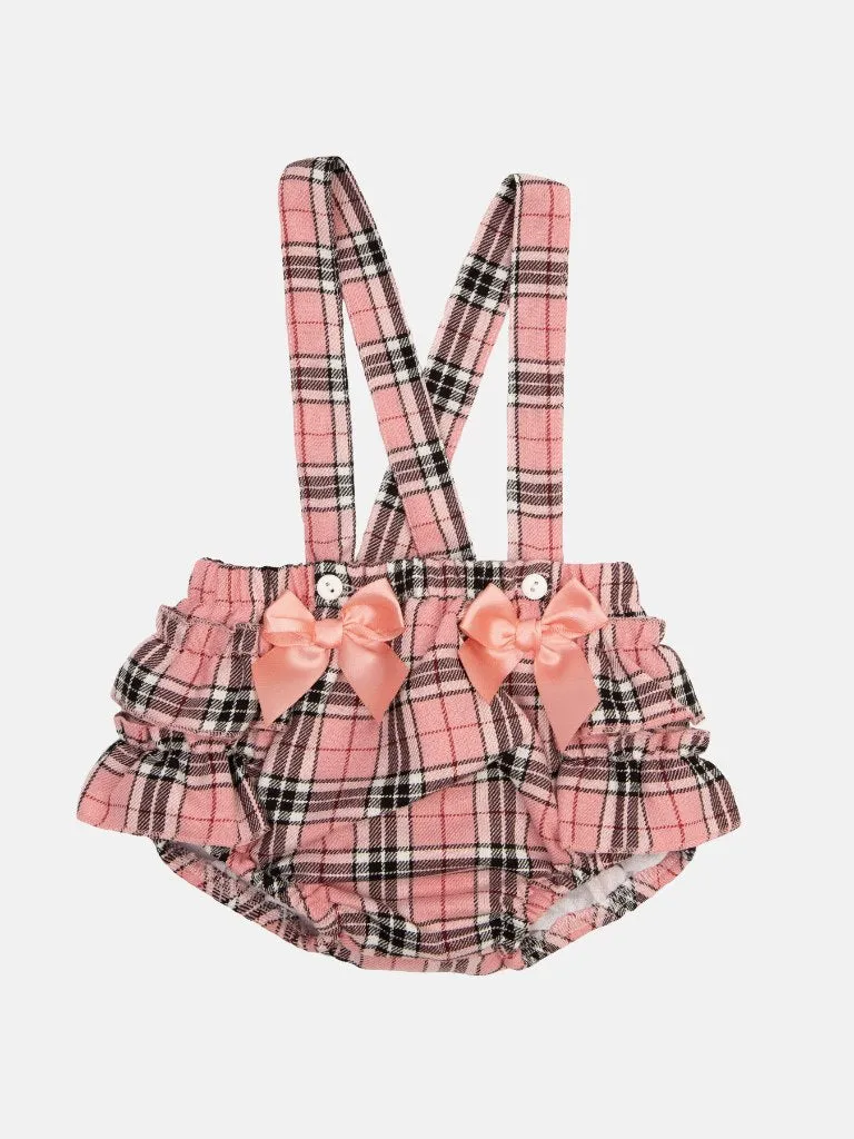 Baby Girl Spanish Bow & Frills Tartan Romper-Coral Pink