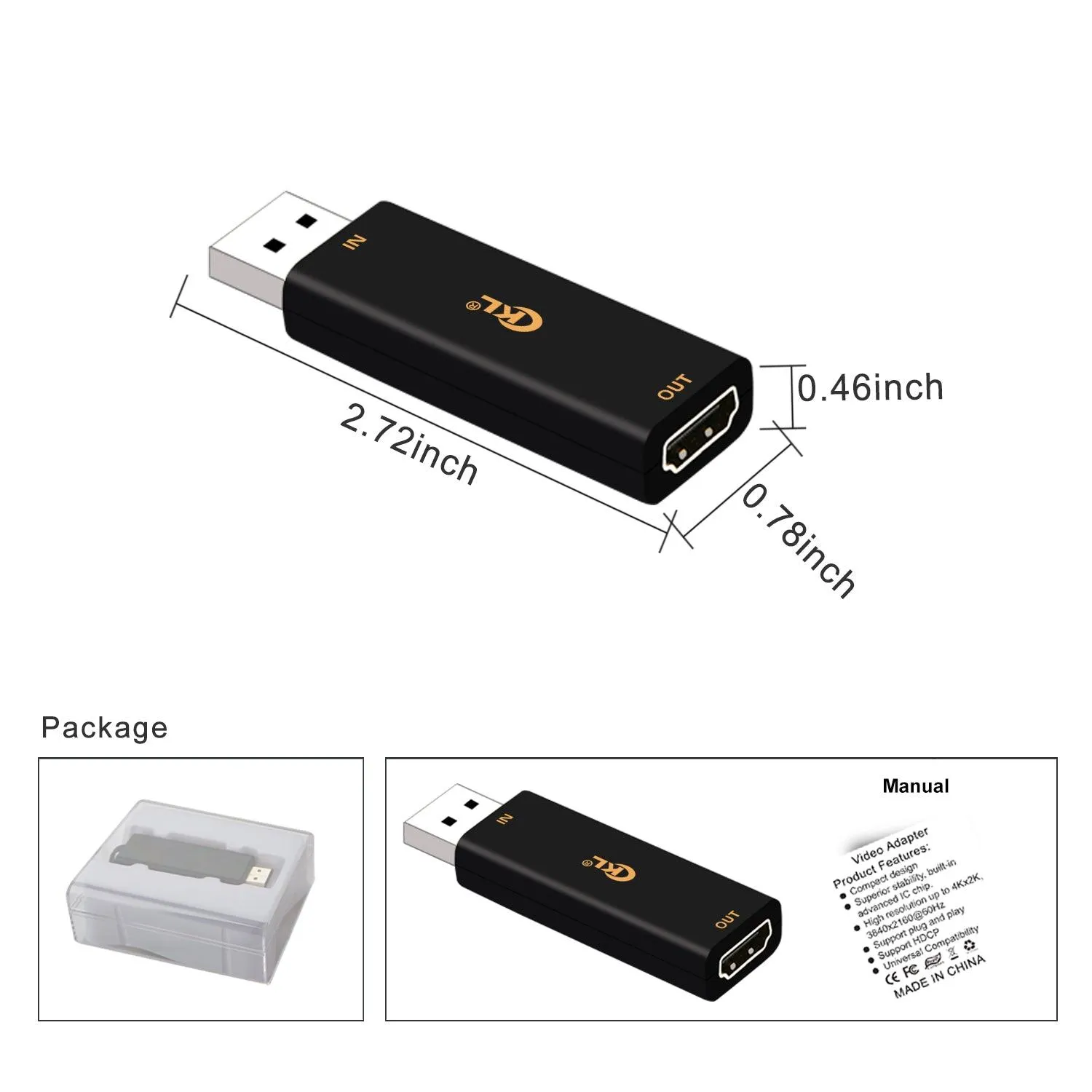 CKL Displayport to HDMI Adapter Male to Female,High Resolution up to 4Kx2K, 3840x2160@60Hz. Support HDCP