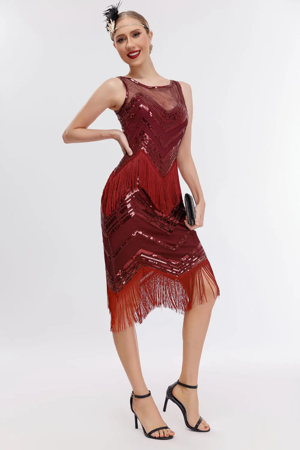 Fringes Red Sparkly 1920s Dress with Accessories Set