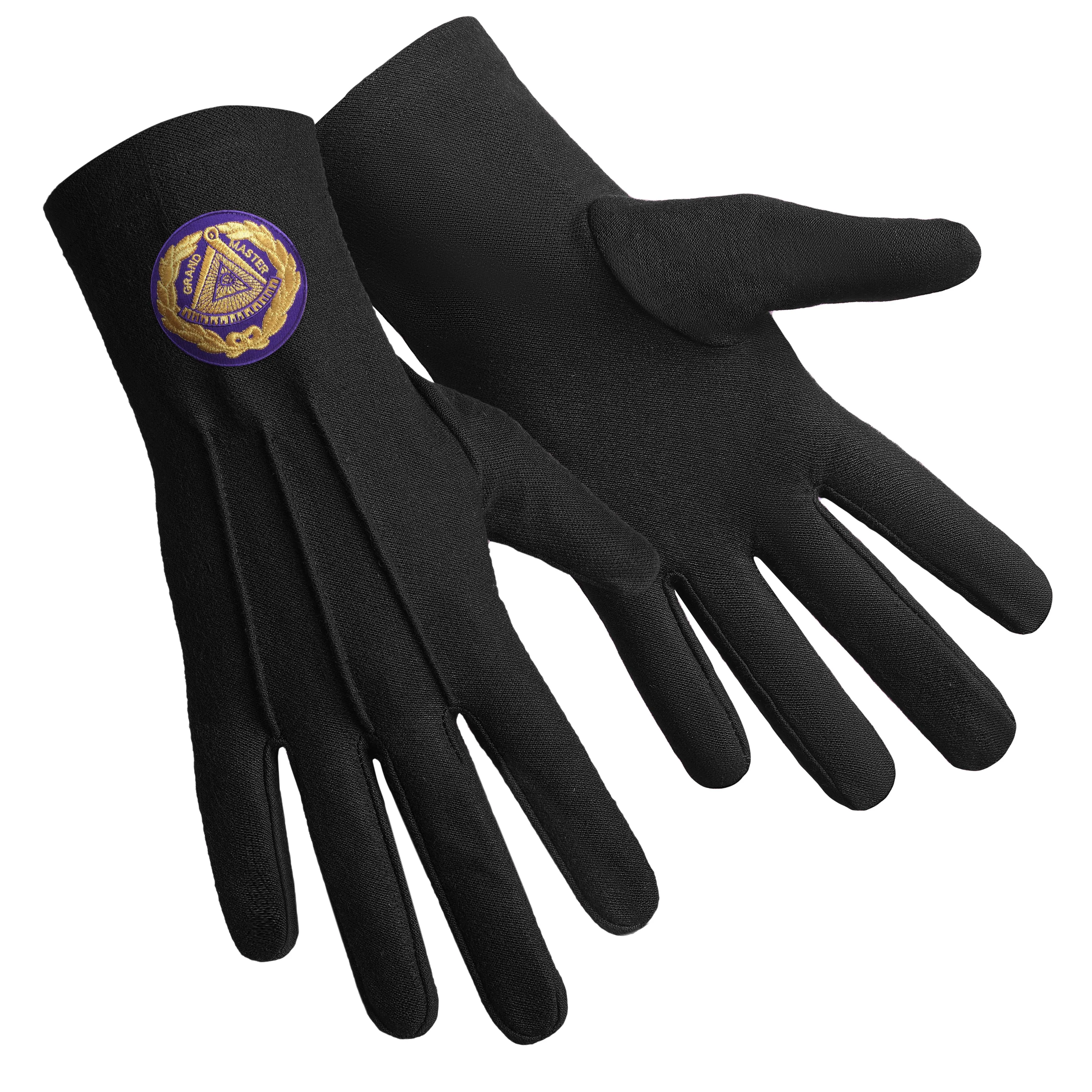 Grand Master Blue Lodge Gloves - Pure Black Cotton With Purple Patch