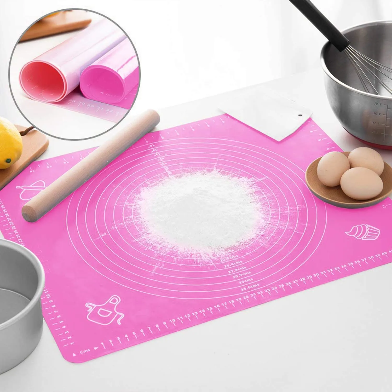 Heart Home Baking Mat|Silicone Non-Stick Stretchable Kneading Mat|Fondant Rolling Mat for Kitchen,Roti,Chapati,Cake,19 x 16 Inche (Pink)