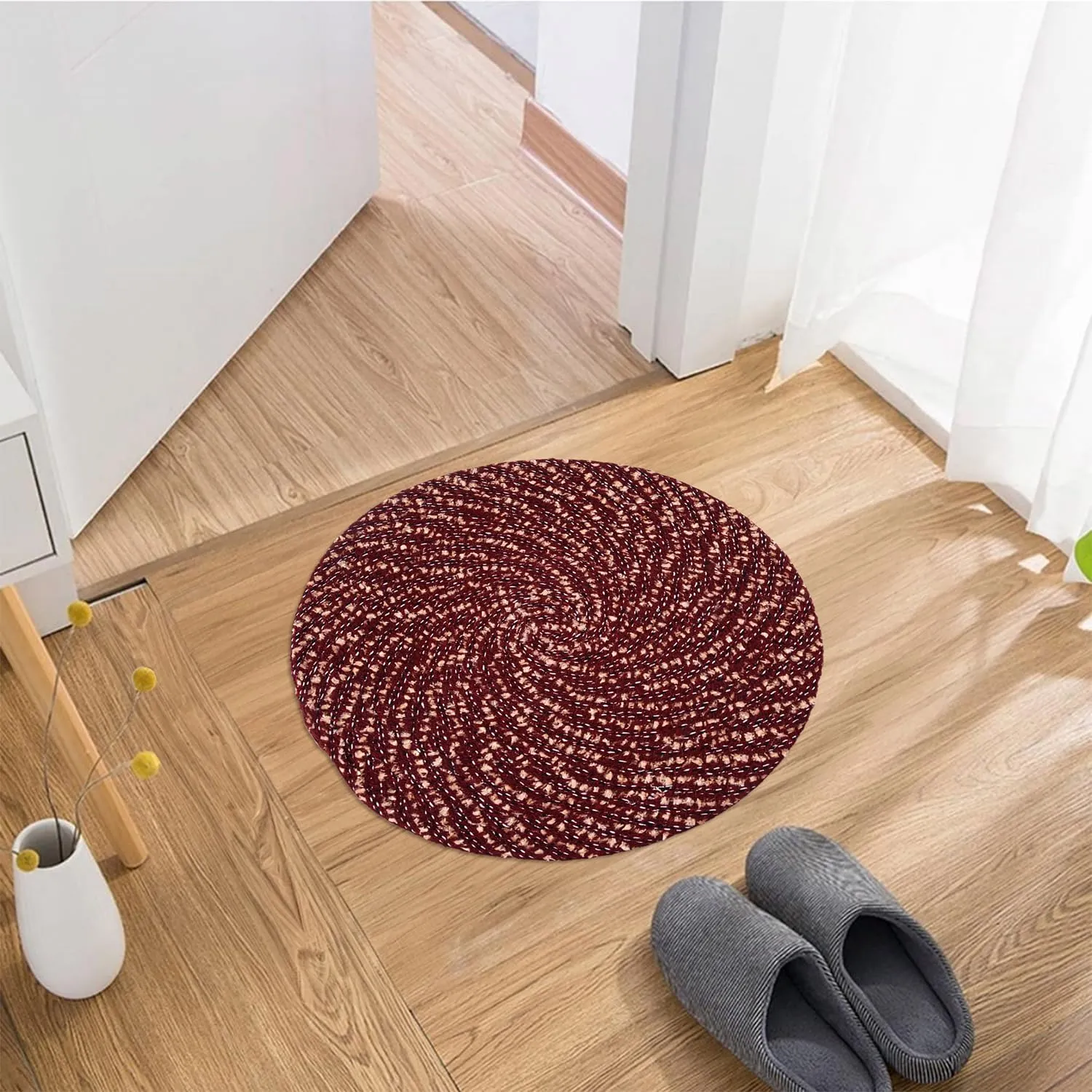 Heart Home Door Mat | Round Shape Feather Door Mat | Cotton Reversible Mat | Door Mat for Kitchen | Door Mat for Home | 16 Inch | Small | Pack of 2 | Maroon