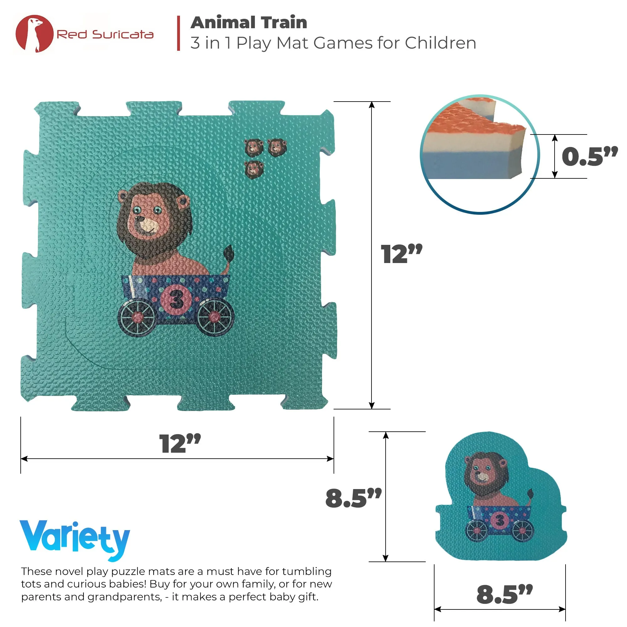 Red Suricata 3 in 1 Baby Play mat - Animal Train Puzzle for toddlers & infants