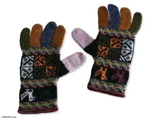 Warm Multi Color 100% Alpaca Hand Knit Gloves from Peru - Autumn Songbirds | NOVICA