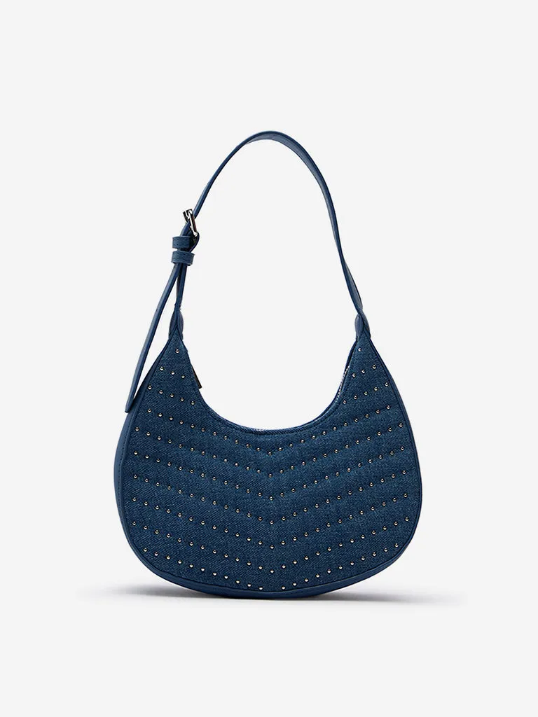 Women Accessories Blue Embellished Denim Baguette Bag