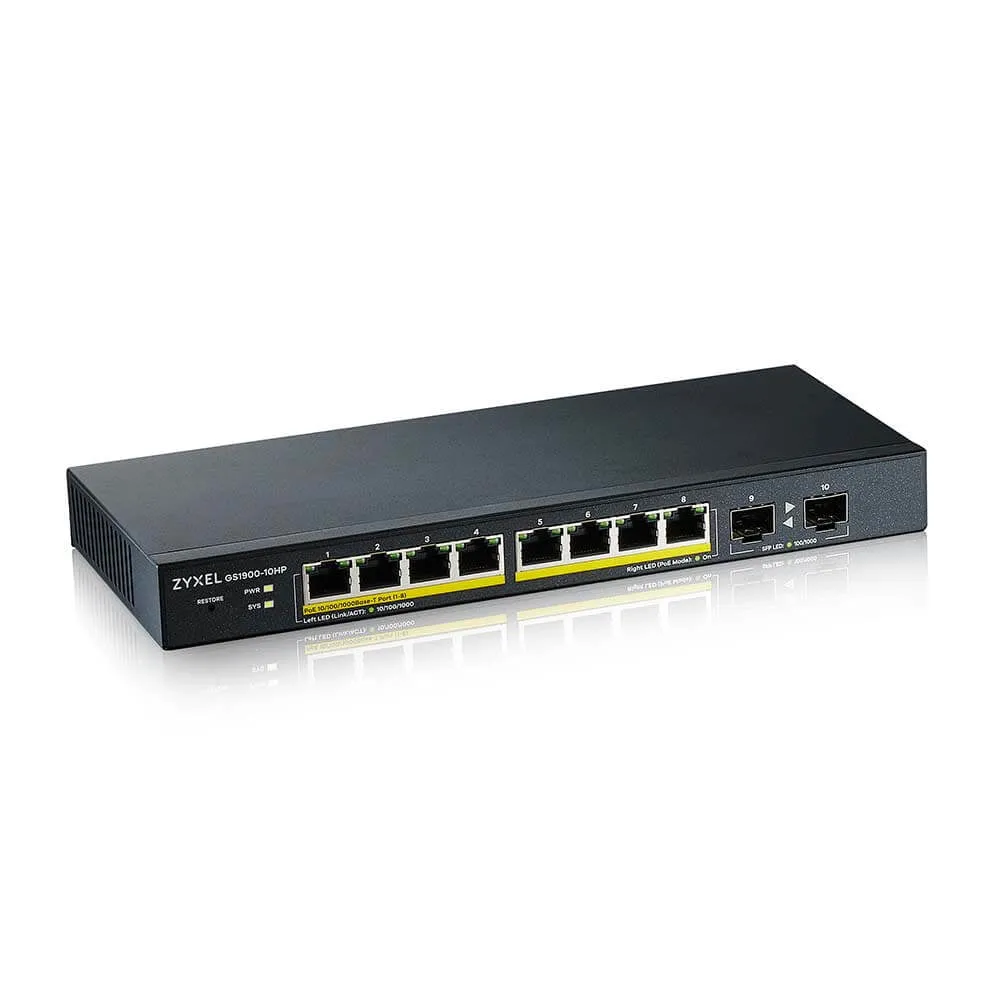 Zyxel Gs1900-10Hp - Switch - Smart - 8 X 10/100/1000 (Poe )   2 X Gigabit Sfp (Uplink) - Desktop, Wall-Mountable - Poe 