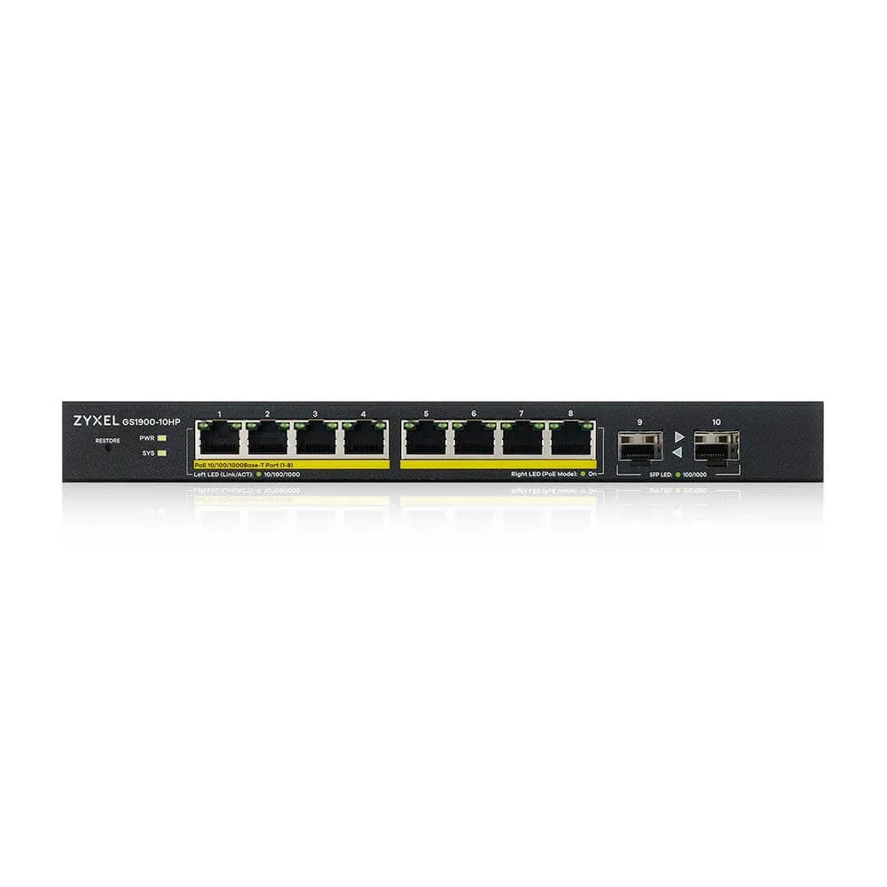 Zyxel Gs1900-10Hp - Switch - Smart - 8 X 10/100/1000 (Poe )   2 X Gigabit Sfp (Uplink) - Desktop, Wall-Mountable - Poe 